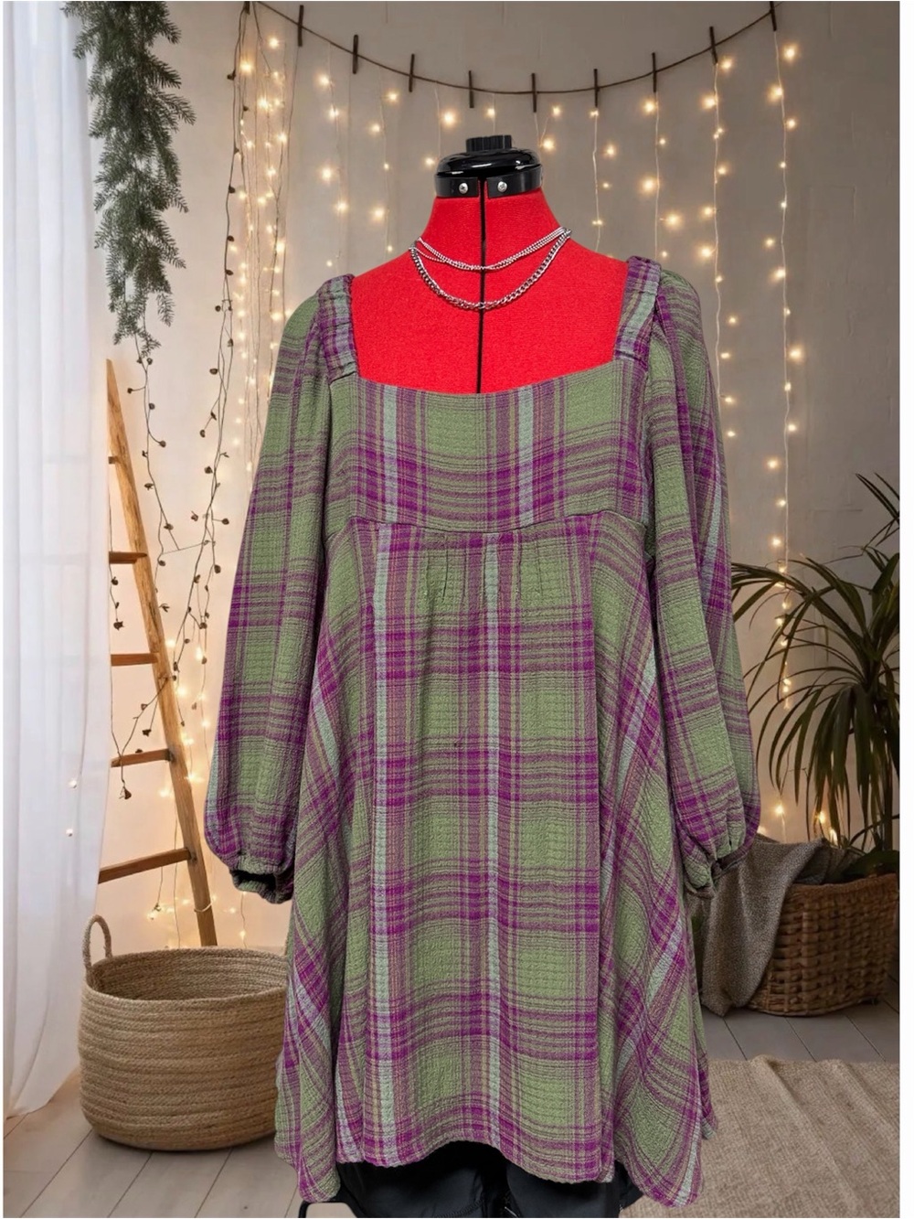 Urban Outfitters Olive Green Purple Plaid smocked back Square-Neck Mini Dress